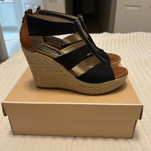 Michael Kors Tan and Navy Denim Wedge Sandals